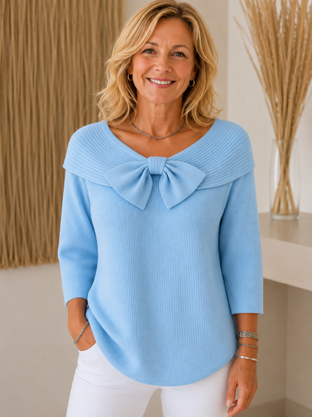 Jumper with Bow and Round Neckline for Women